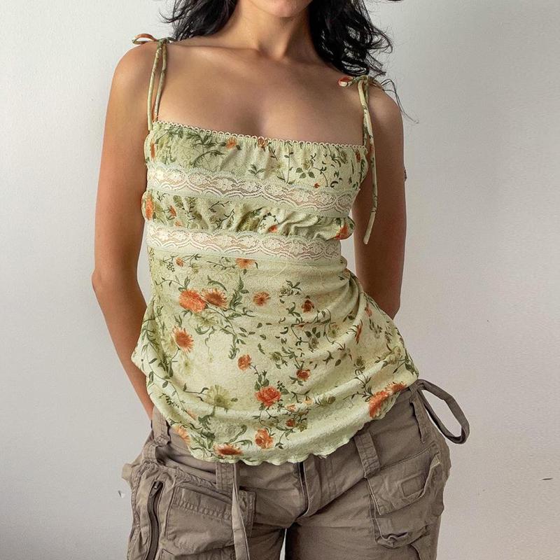Fairycore Vintage Summer Camis Tops Lace Spliced Floral Printed Strappy Y2K Aesthetic Women Tops Holidays 2000s Cute