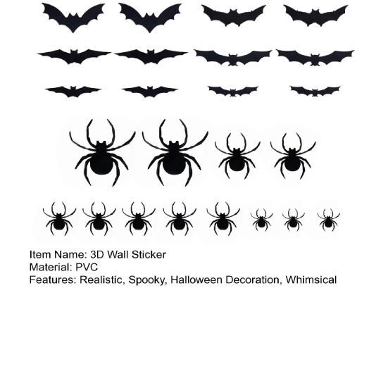 24 Pcs Halloween 3D Bat And Spider Stickers Spooky Black Spider Bat Wall Decals Removable PVC Cings for Home Office Wall Window Decor