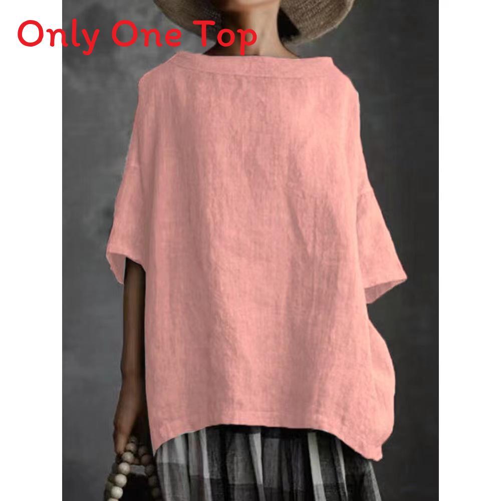 Vintage Art Style Cotton Linen T Shirt With Splicing Details For Casual Wear