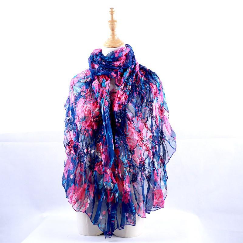 Lightweight Chiffon Scarf With Floral Print Elastic Edge Wrap Shawl Women Sun Protection Accessory Fashionable Office Wear