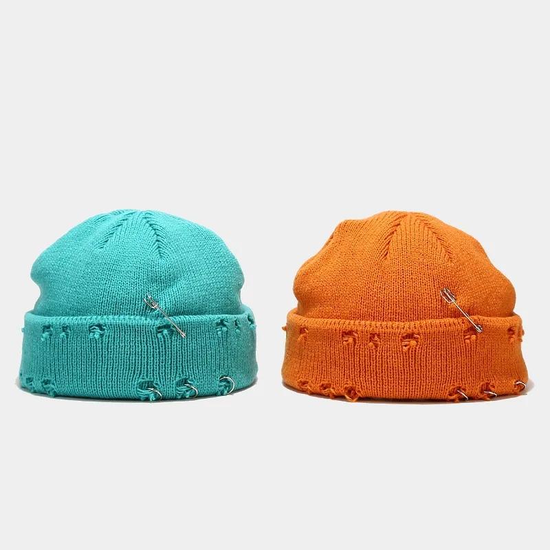 New Winter Harajuku Beanies Knitted Hat Women Fashion Warm Thick Men Hip Hop Pin Hole Skullcap Short Hat Unisex Basic Cap