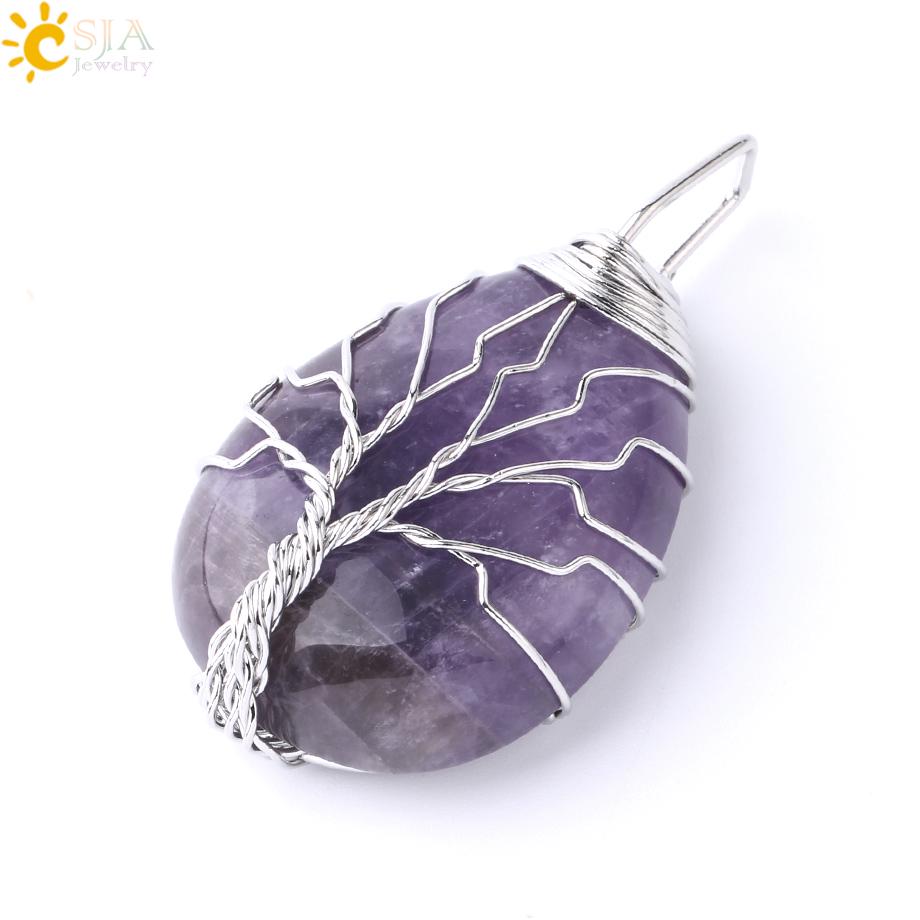 CSJA Tree of Life Crystals Necklace Pendant Water Drop Natural Stone Necklaces Wire Wrap Rose Amethysts Quartz Tiger Eye G953