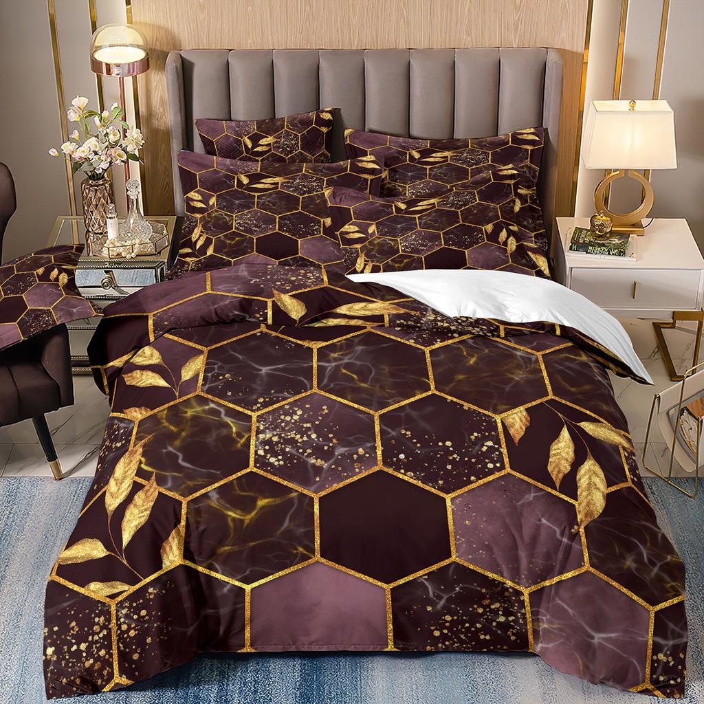 3D Digital Printing Light Luxury Geometric Honeycomb Stone Pattern Bedding Quilt Cover Three-Piece Set