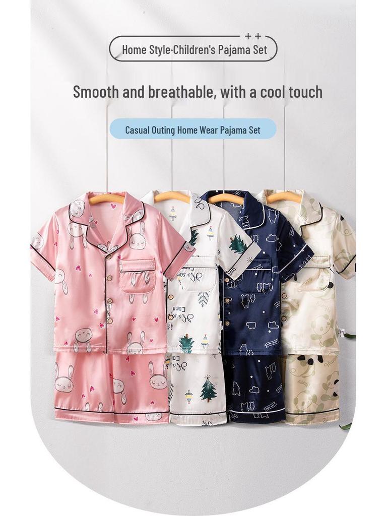 Kids' Cartoon Ice Silk Short Sleeve Pajama Set for Spring and Summer