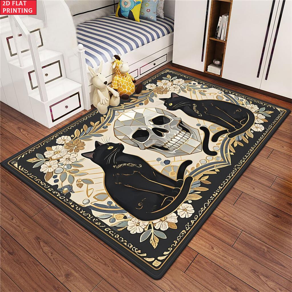 Vintage Black Cat Skull Area Rug, Floral Gothic Print Carpet for Living Room Bedroom,Aesthetic Witchy Floor Mat Home Decor