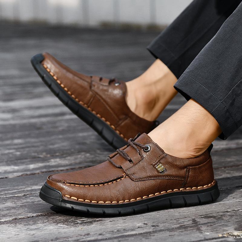 Men's Large Casual Leather Shoes - Soft Sole, Hand-Stitched, Lace-Up for Middle-Aged & Elderly.