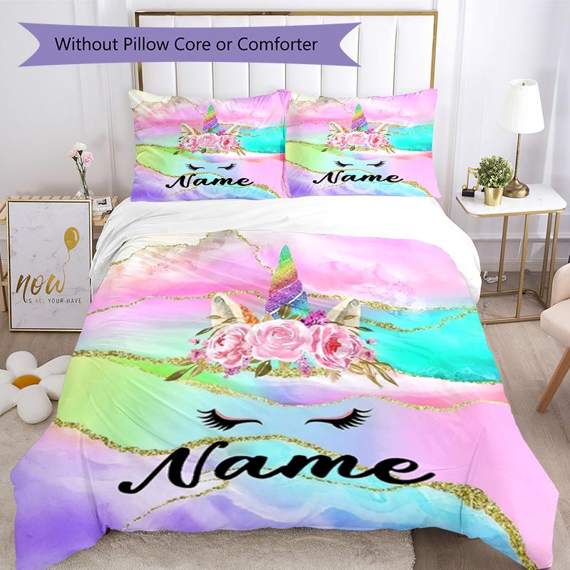 Unicorn Colorful Tentacles Customize Your Name Bedding Set Breathable Duvet Cover With Pillowcases Decorative Bed Linen For Bedroom Home Decoration Bi