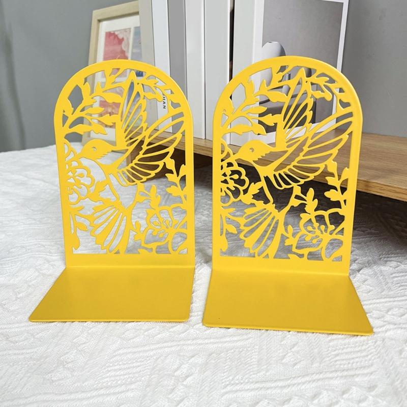 2Pcs Book Ends for Shelves Hollowed Bird Flower Metal Bookends Heavy Duty Book End Decorative Book Stoppers for Shelves