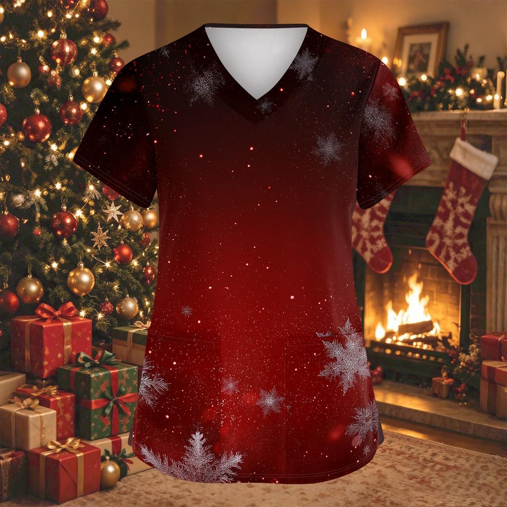Women's Christmas Print V-Neck Short-Sleeve Work Top with Pockets and Side Slits