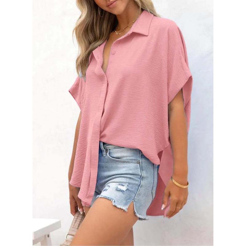 2025 Summer Women's Casual Solid Color Button Short Sleeve Shirt