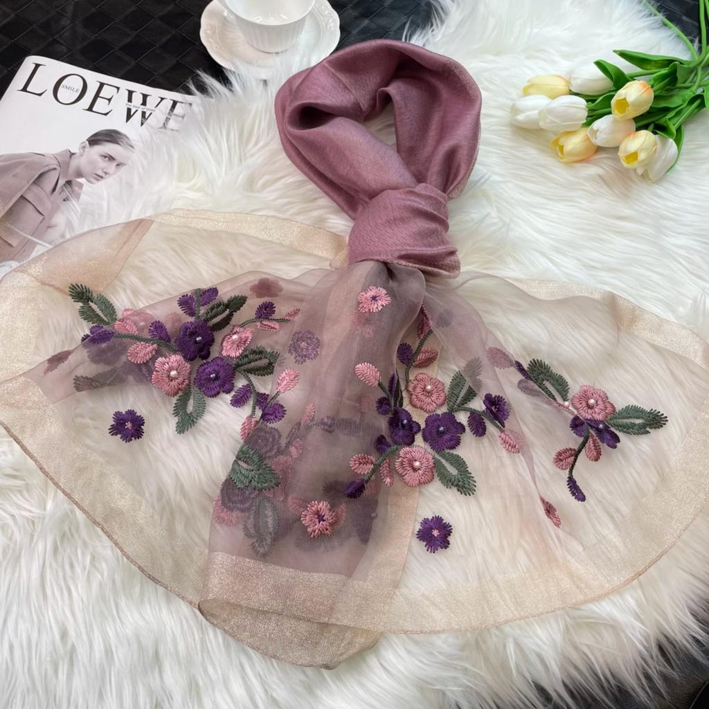 Seidenschal mit Begonienblütenstickerei, Cheongsam-Schal mit Stickerei für Damen im Frühling und Herbst, Mutter-Maulbeerseide, Frühlings- und Herbst-Winterschal