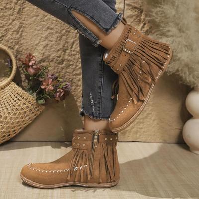 Bohemia Fransen Metallnieten Schnalle Dekoration Reitstiefel Damen 2025 Winter Wildleder Flacher Absatz Stiefeletten Seitlicher Reißverschluss Schuhe