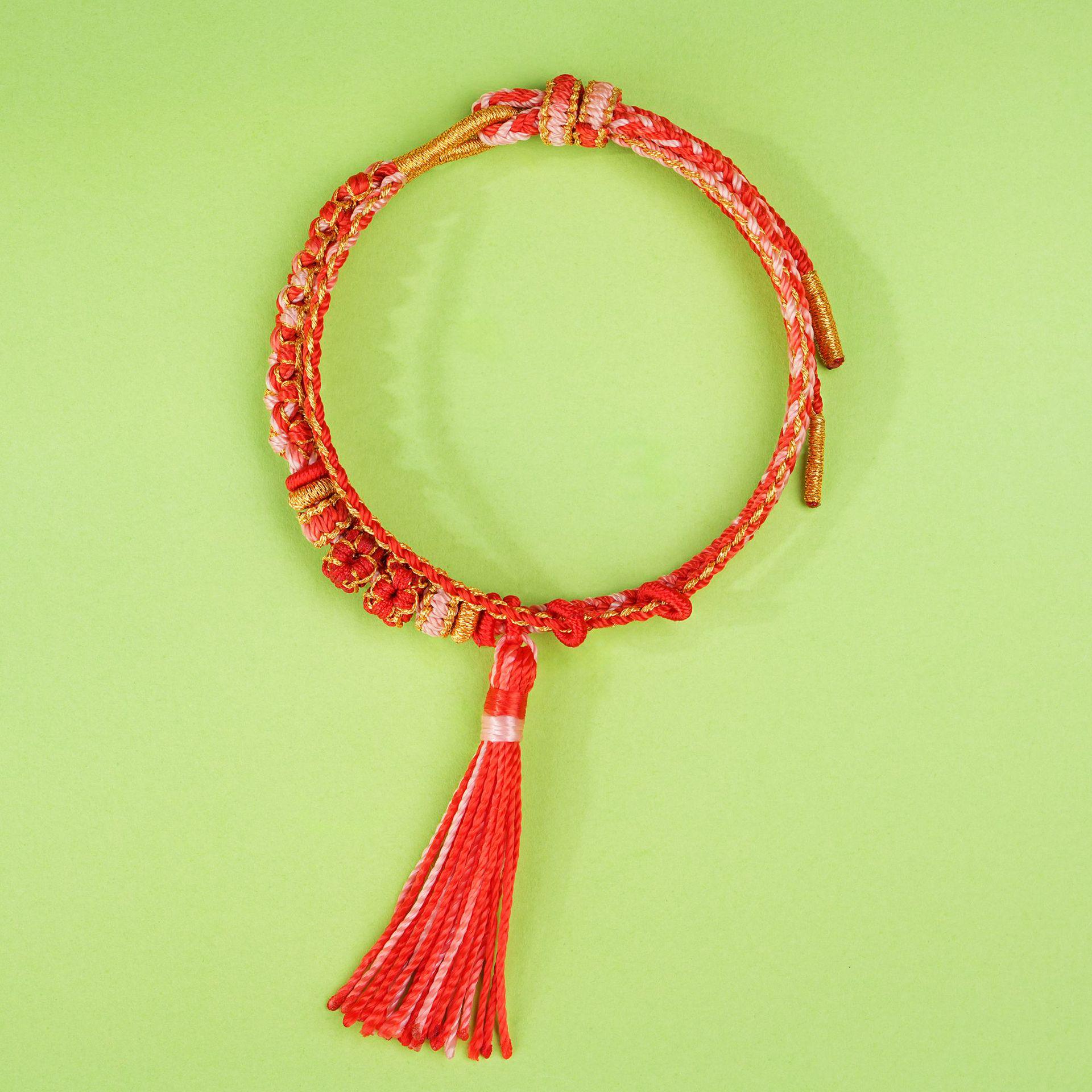 Peach Blossom Knot Tassel Bracelet - Hand-woven DIY Colorful Double Layer Rope for Couples.