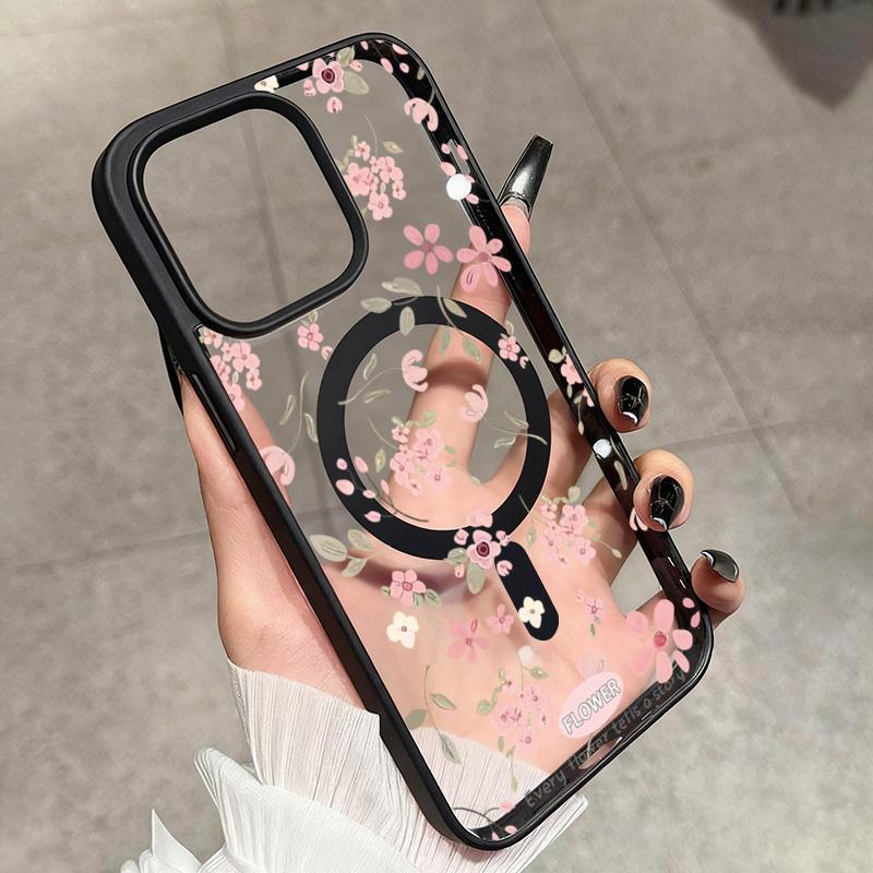 Small Pink Flowers Design Magnetic Phone Case For iPhone 17 Pro Max Cases iPhone 16 Plus 15 14 13 12 11 Air 17 Transparent Cover