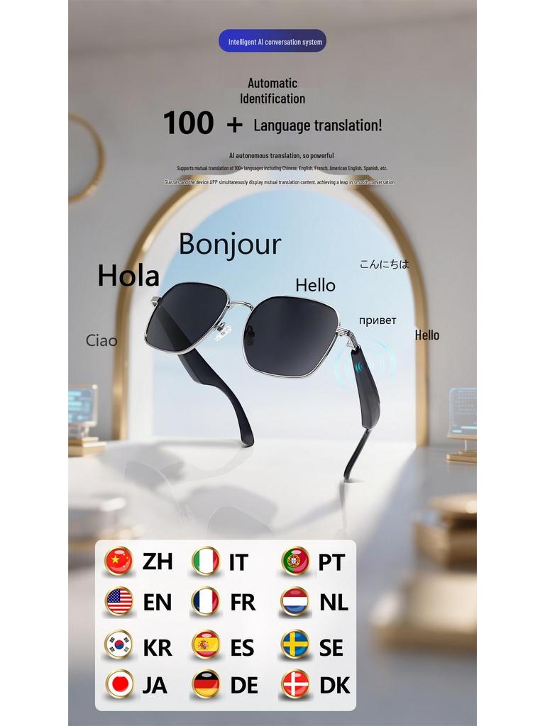 Occhiali per Traduzione AI Bluetooth GY200: Traduzione in Tempo Reale in Oltre 100 Lingue, Musica, Chiamate, Funzioni Smart
