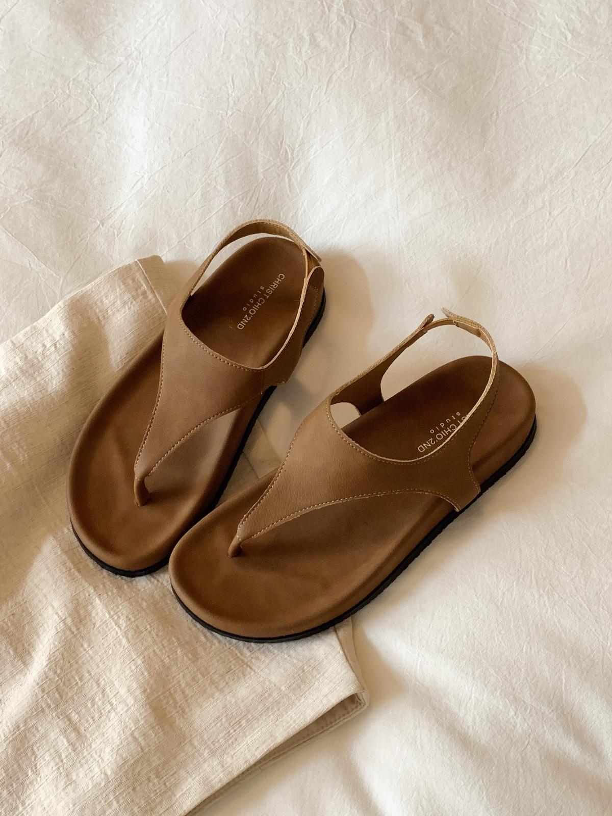 

Женские летние сандалии из натуральной кожи на мягкой подошве из овчины в ретро-стиле с открытым носком, для отпуска, римские повседневные шлепанцы на толстой подошве, женская обувь 40