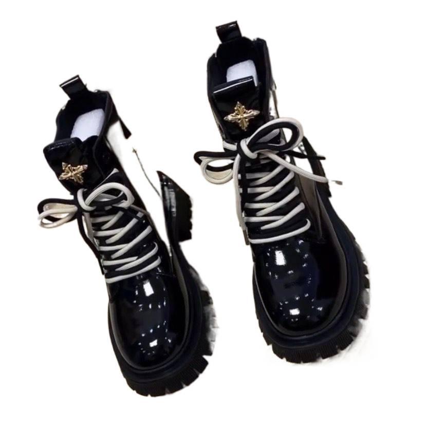 Genuine Women's Soft Leather Patent British Style Ankle Boots, 2025 Autumn/Winter, Plus Velvet, Thick Sole, Fashionable Martin Design