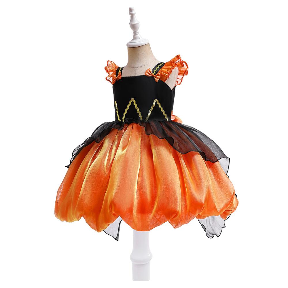 Halloween Orange Dress Cosplay Birthday Gown Lace Tutu Princess Dress Floral Embroidery Girls Children Clothing Kids Party For Girl Clothes