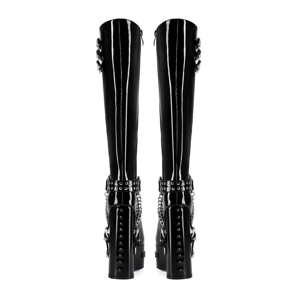 14.5cm Slim Fit Women Thigh High Boots Rivets Chains Platform Thick High Heels Boots Full Zip Shoes Woman Big Size 41 44 47