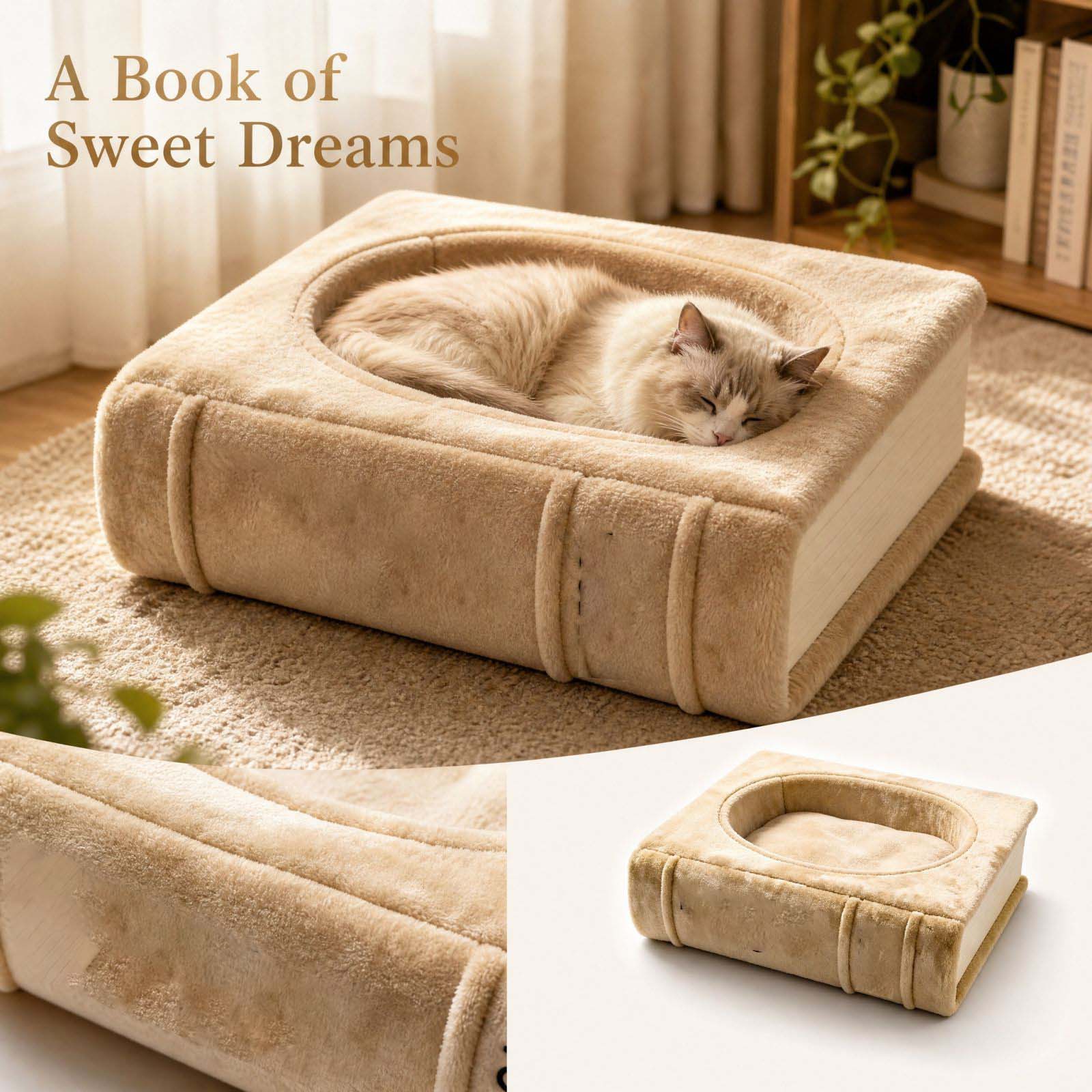 Buchförmiges Haustierbett für Katzen und Hunde, Gemütliches Indoor-Haus für Kleintiere One Size beige