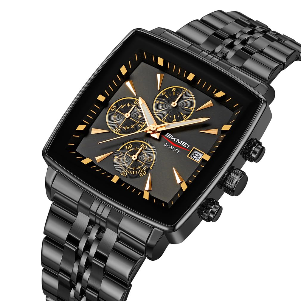 SKMEI Square Stylish Black Stainless Steel Arm Watch Waterproof Analog Business Casual Chronograph Big Face Watch Luxury Present Black Gold Wach for