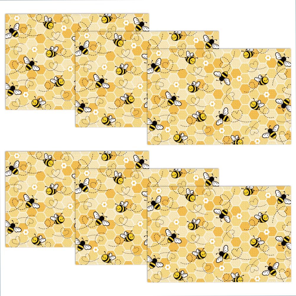 WADORN Flowers Cat Placemats Set of 6, Black Cat Wildflowers Cloth Table Place Mats 11.8x17.7 Inch Non-Slip Linen Washable Table Mats Heat Resistant