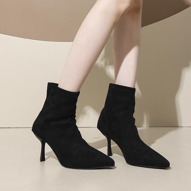 High-heeled Pointed-toed Temperament Suede Thin Short Boots Women's Shoes 2025 New Autumn and Winter Velvet Korean Small Ankle Boots
