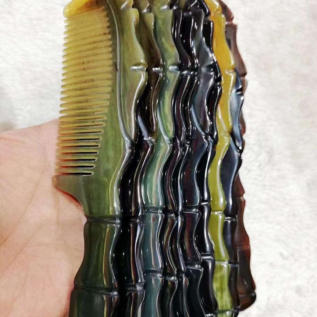Handmade Black Buffalo Horn Comb - Genuine Anti-Static Massage Comb with Bamboo Floral Handle
