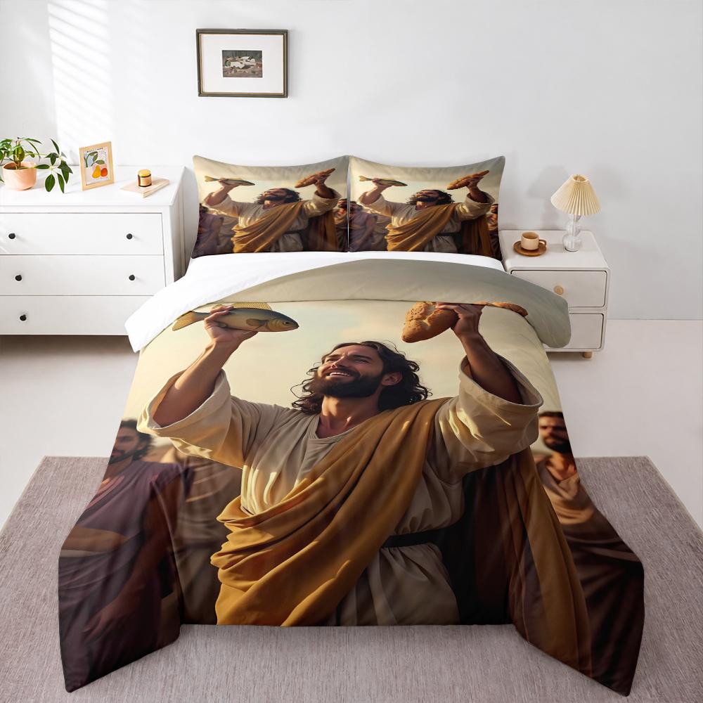 Jesus Blessing Bread and Fish Bedding set (1 duvet cover, 2 pillowcases, duvet not included) for Dining Room Kitchen Decor, Golden Religious Art Print