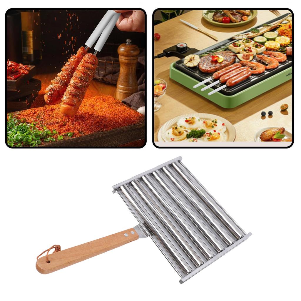 Hot-Dog-Rolle Wurstständer mit Holzgriff Edelstahl BBQ Hot-Dog-Griller für gleichmäßig gegarte Würstchen 5 Kapazität