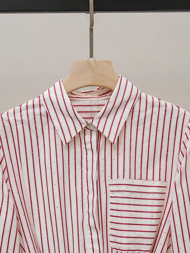 M Familie Herbst Französischer Chic Rosa Gestreiftes Strass-Bindekleid für Damen