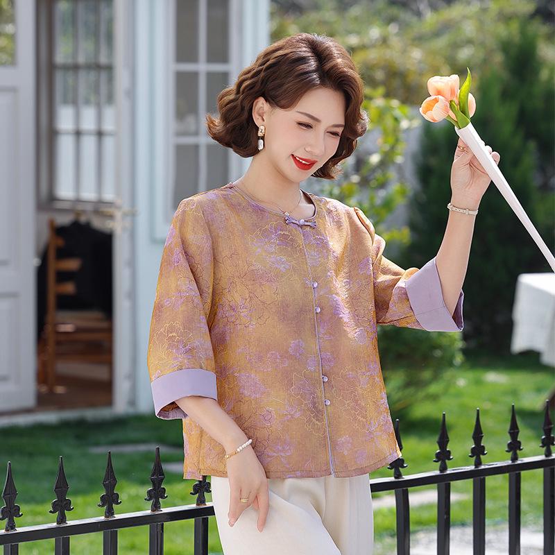 Elegant Chinese Style Women's Cardigan - National Style for Middle-Aged and Elderly Mothers - Spring/Autumn Seven-Sleeve Top.