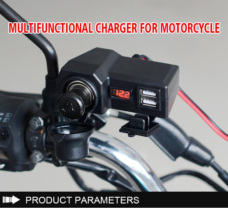 12V 2.1A Motorrad Doppel-USB-Handyladegerät mit Ein-Aus-Schalter & LED-Voltmeter & Zigarettenanzünder, Motorradlenkerklemme, Wasserdicht