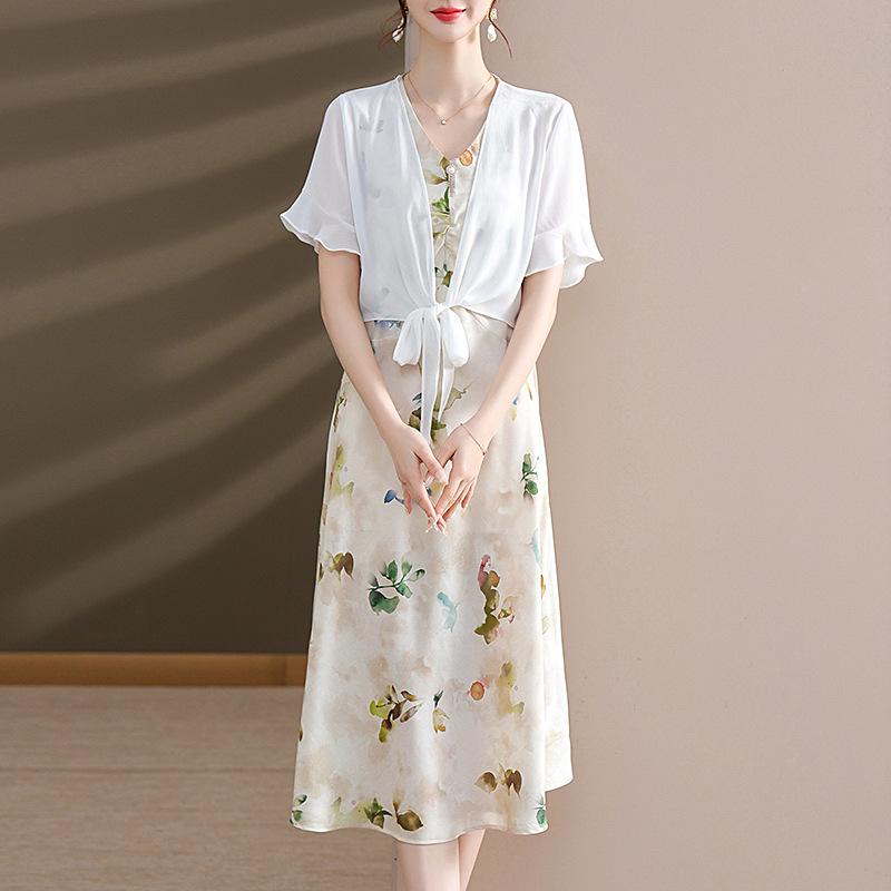 2026 Summer Fashion Chiffon Two-Piece Skirt Set for Middle-Aged & Elderly Women - Short Sleeve Dress