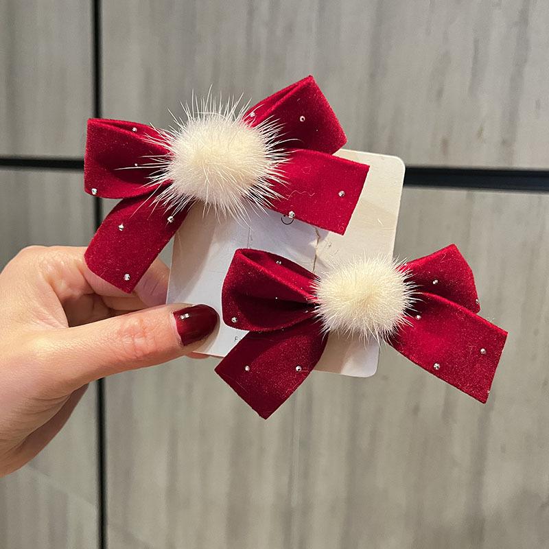 Red New Year Pearl Tassel Pompon Hair Clips for Children - Hanfu Style