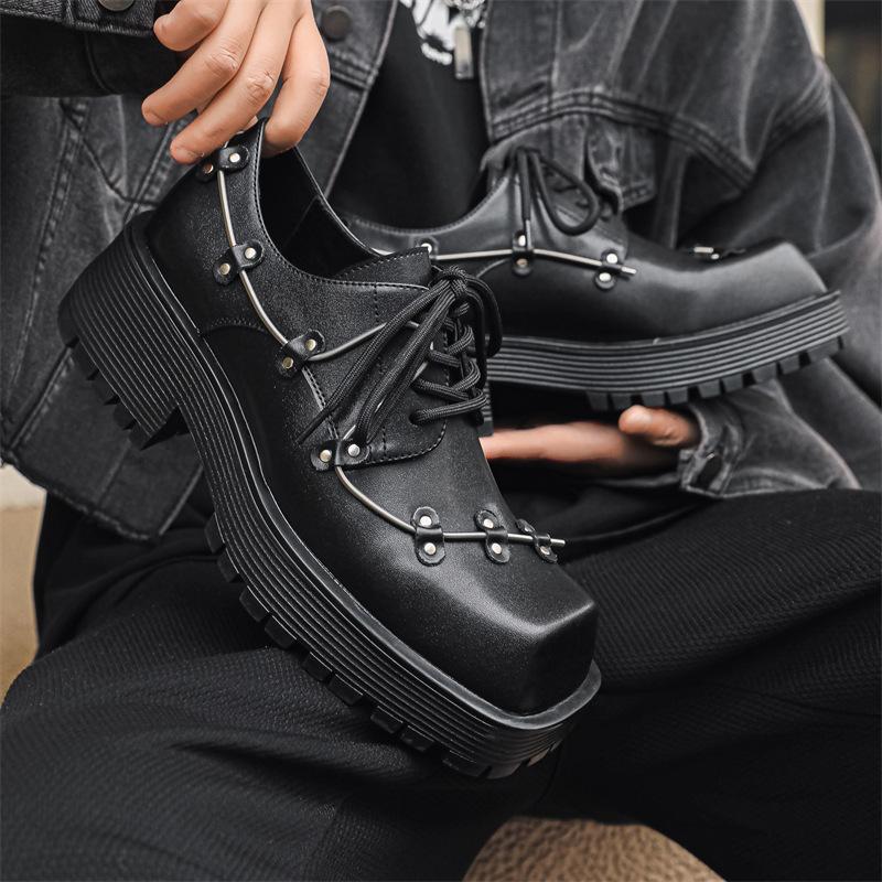 Men's Platform Derby Shoes Square Head Black Mens Business Casual Leather Shoes Retro Designer Patent Leather Men Zapatos Hombre