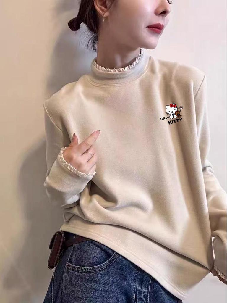 Kitten Print Lace Collar Fleece-Lined Women's T-Shirt: Thick, De Rong Fabric, Half-High Neck, Long Sleeves, Perfect for Autumn and Winter.