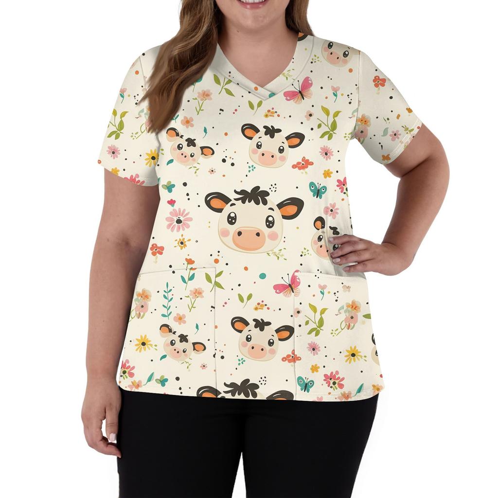 Women's Fashion V-Neck Short Sleeve Overalls With Pockets  Print Tops  Clothes