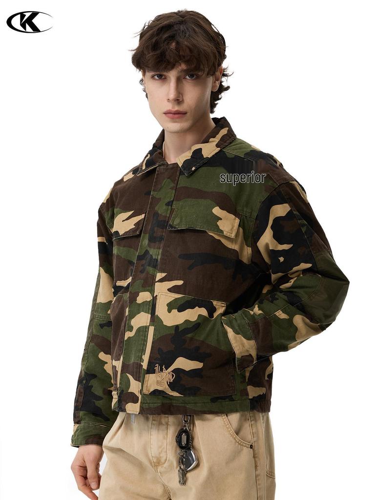 11KN Unisex Retro Camouflage Military Workwear Jacket: Slimming, Short, Wide Shoulder, Loose Fit Streetwear.