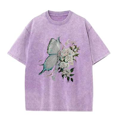 Plus Size Summer Men and Women with the Same Butterfly Print Round Neck Washed Short-sleeved T-shirt Foreign Trade Tops T-shirt