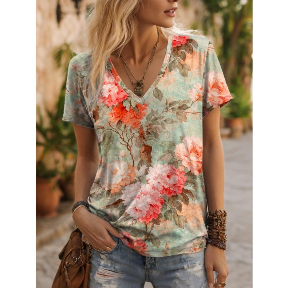 Women Summer T Shirt Flower Pattern Print Short Sleeve Tees Casual Printed Tops