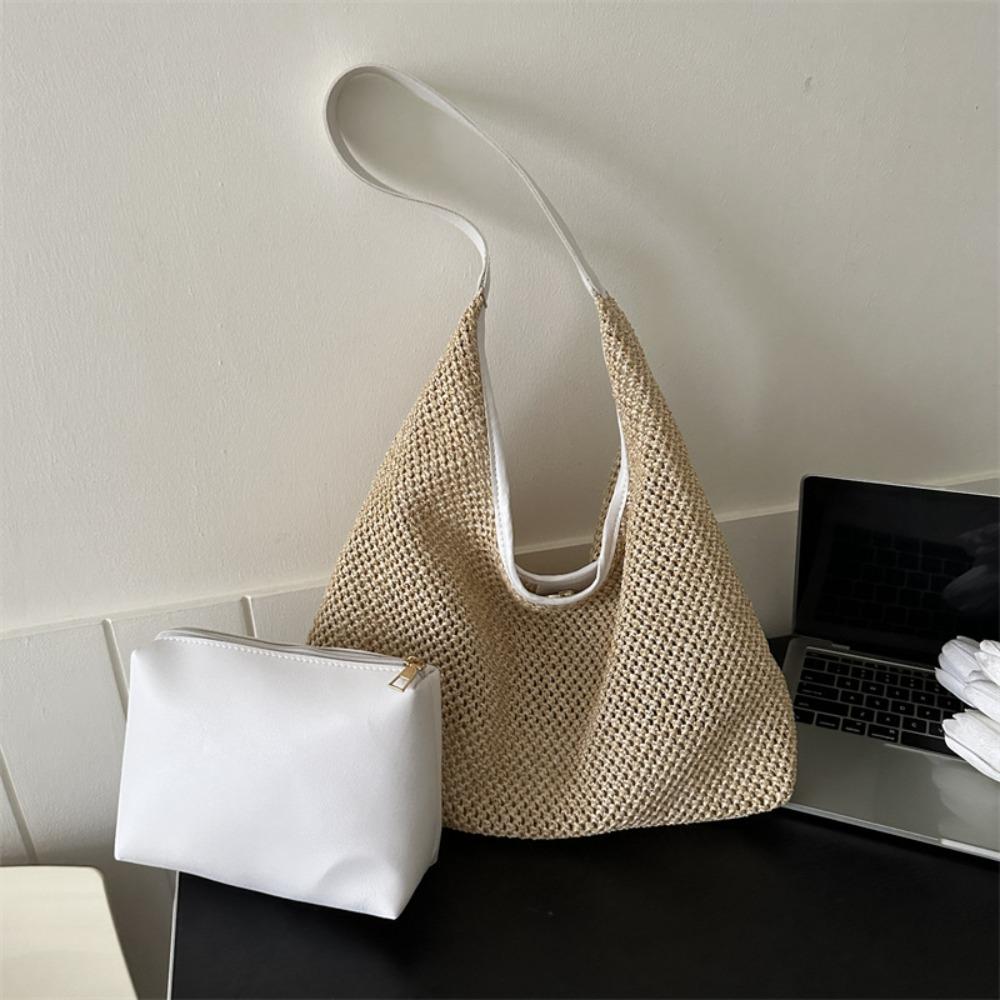 

with Clutch Bag Beach Hobo Bag PU Leather Shoulder Bag Cute Weave Straw Bag Summer белый