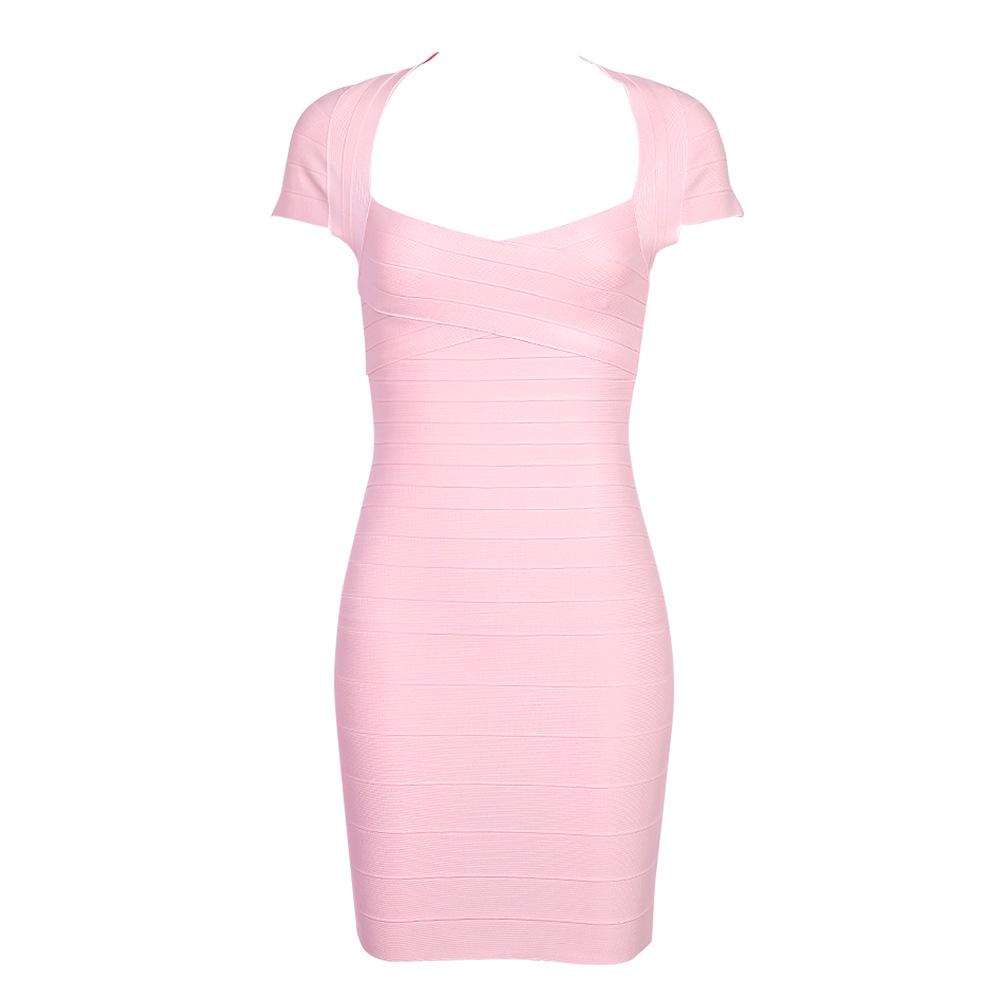 European and American Elegant Pink Valentine's Day Low-Cut Striped Bandage Dress - Sexy, Hip-Hugging Date Dress.