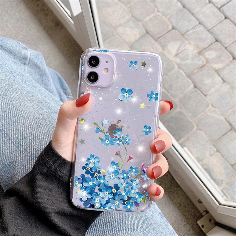 Bling Flowers Glitter Clear Case For Samsung Galaxy S9 S10 S20 S21 FE S22 S10e S8 Plus Note 9 10 20 Ultra Lite M31 M52 TPU Cover