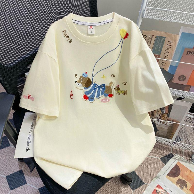 

Plus size 120.00kg Cute Younger Sausage Puppy Embroidery Apricot Short sleeve T-shirt Women Summer Loose All-Match Cartoon Top Apricot color 3XL Recommended 90.00 kg-105.00 kg