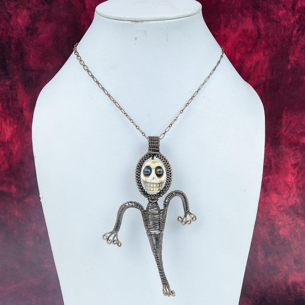 Howlite Gemstone Pendant Copper Wire Wrapped Pendant Titanium Bead Eyes & Skull Bone Face Pendant