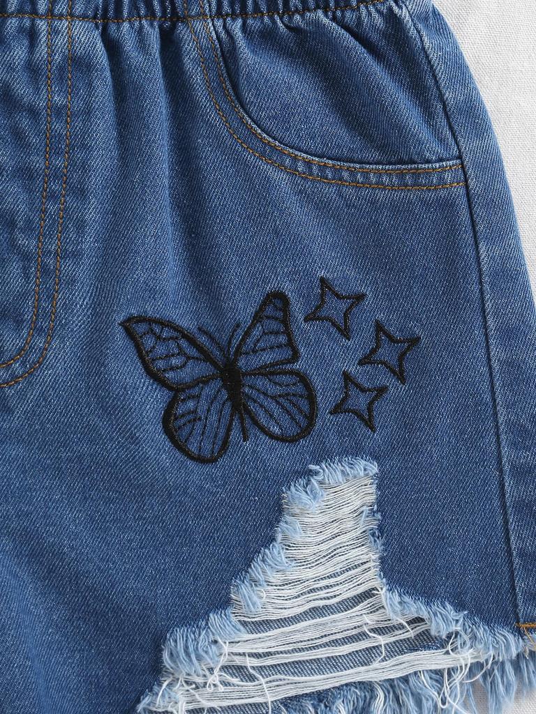 Single-piece set of girls' tassel star decoration cute butterfly embroidery trendy must-have ripped denim shorts new style