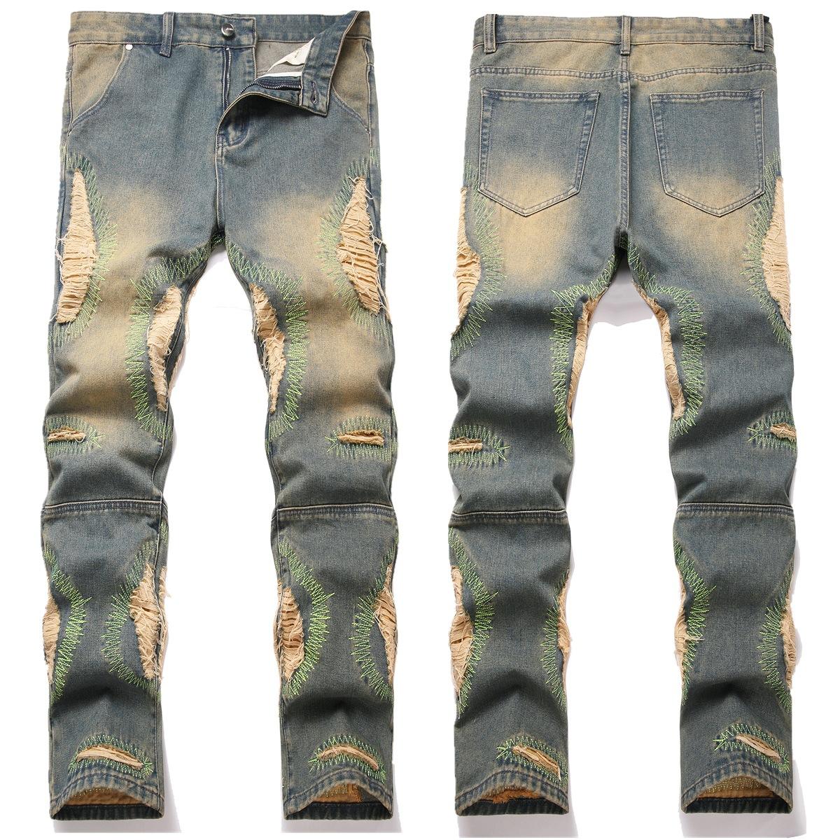 

Fashion Trend Retro Carved Distressed Hip-Hop Youth Mens Mid-Waist Fitness Streetwear Personalized Straight Jeans Long Pants 40