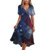 Women’s V Neck Short Sleeve Midi Dress with Abstract Flag Print High Waist Flowy Hem Casual Loose Fit Summer Dress