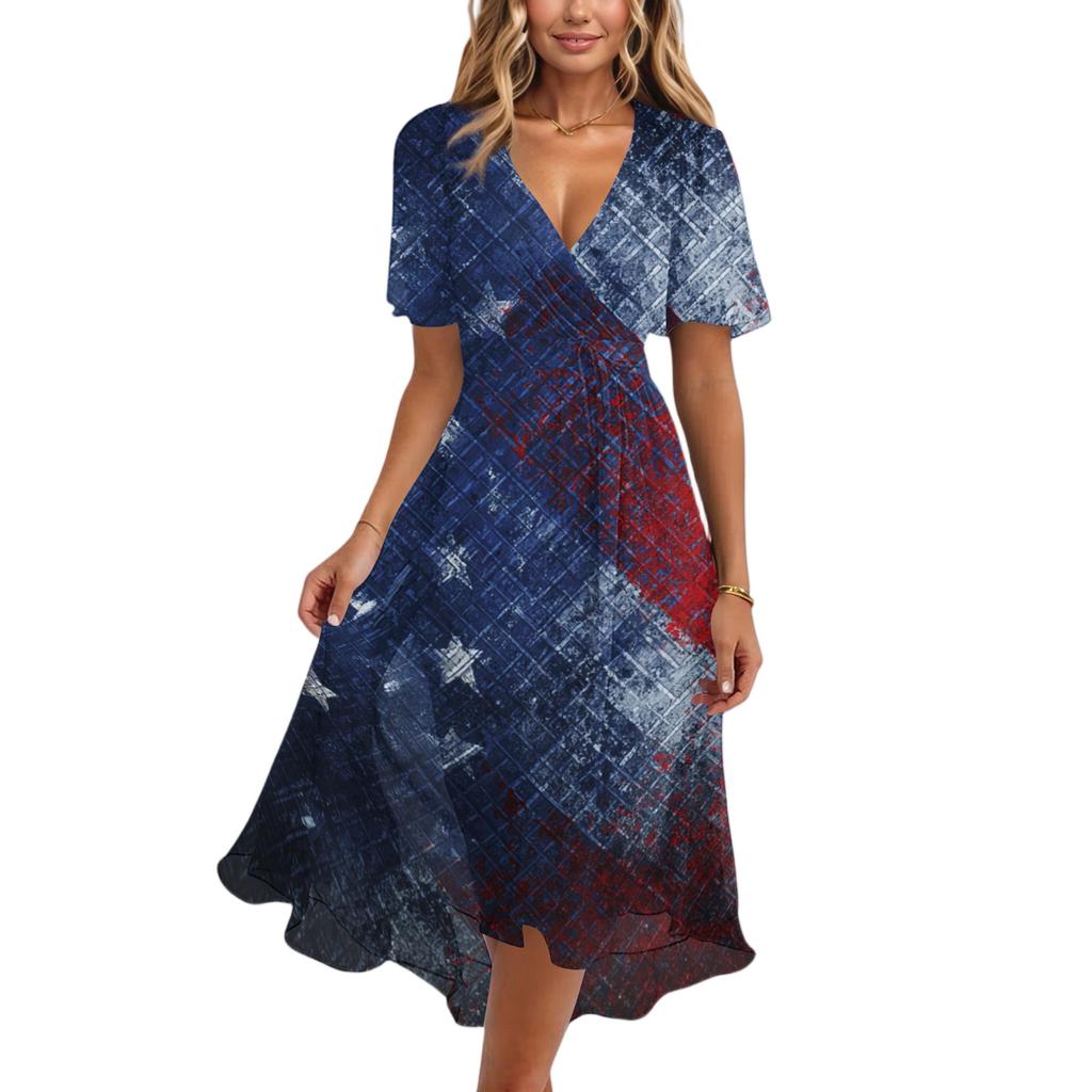 Women’s V Neck Short Sleeve Midi Dress with Abstract Flag Print High Waist Flowy Hem Casual Loose Fit Summer Dress